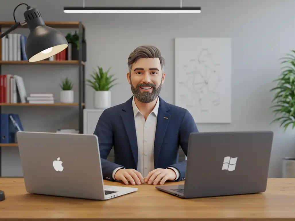 IT professional providing IT Support and Computer help in front of a Windows Laptop and a Mac Book laptop