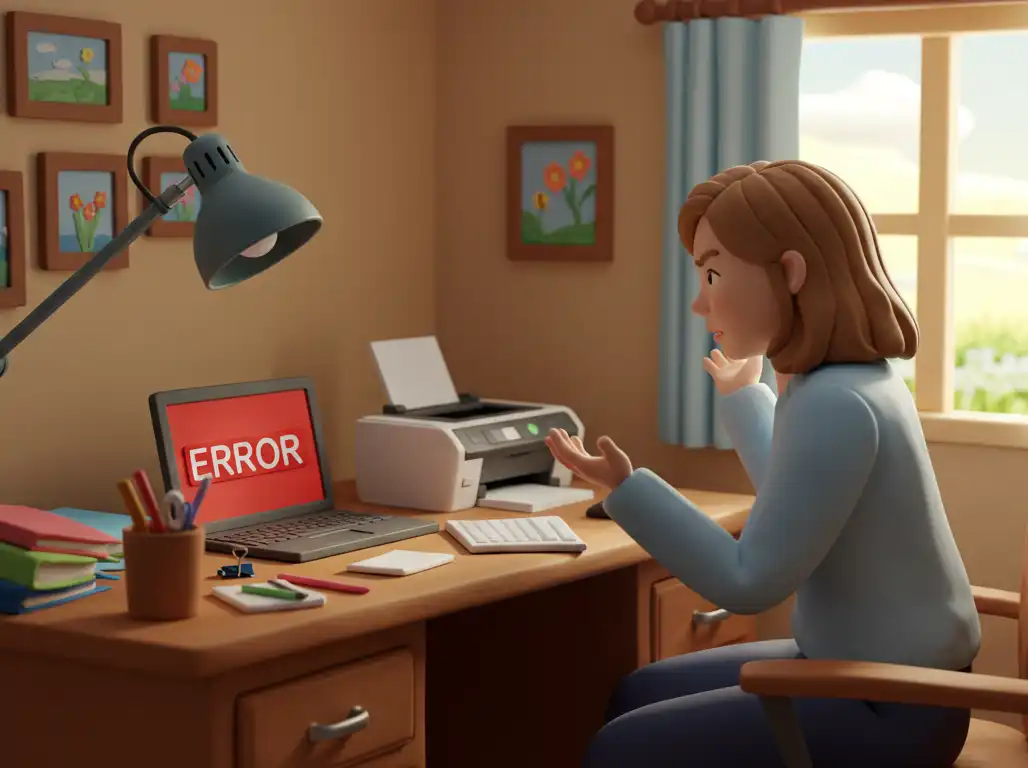 Frustrated woman sat at her desk in front of her computer needing IT Help or IT Support