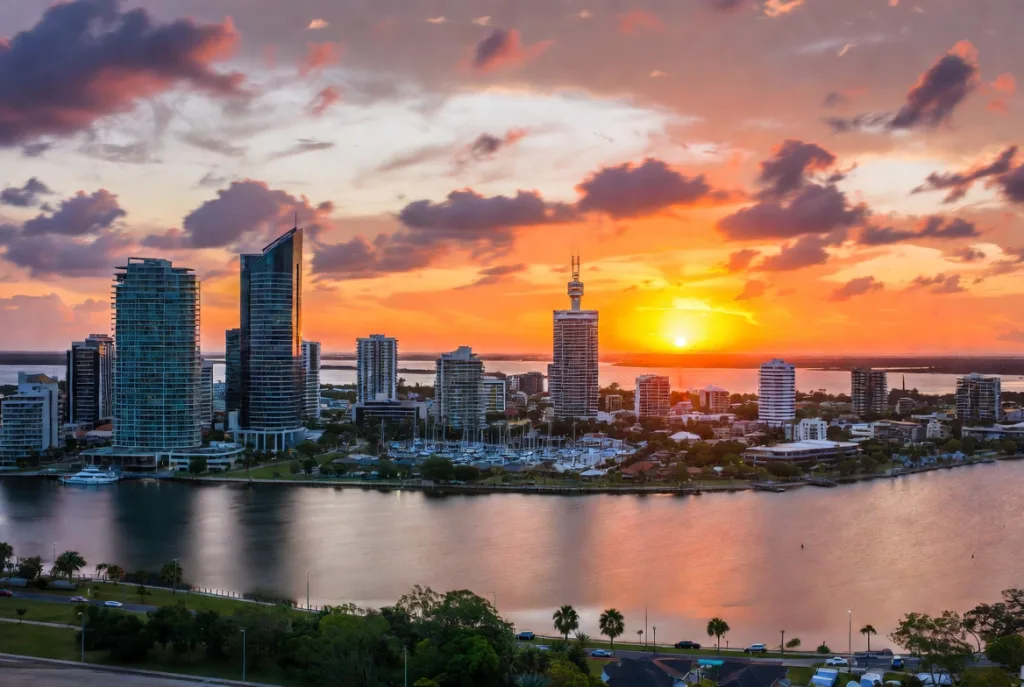 Skyline sunset view of Maroochydore CBD and the Maroochy River.
